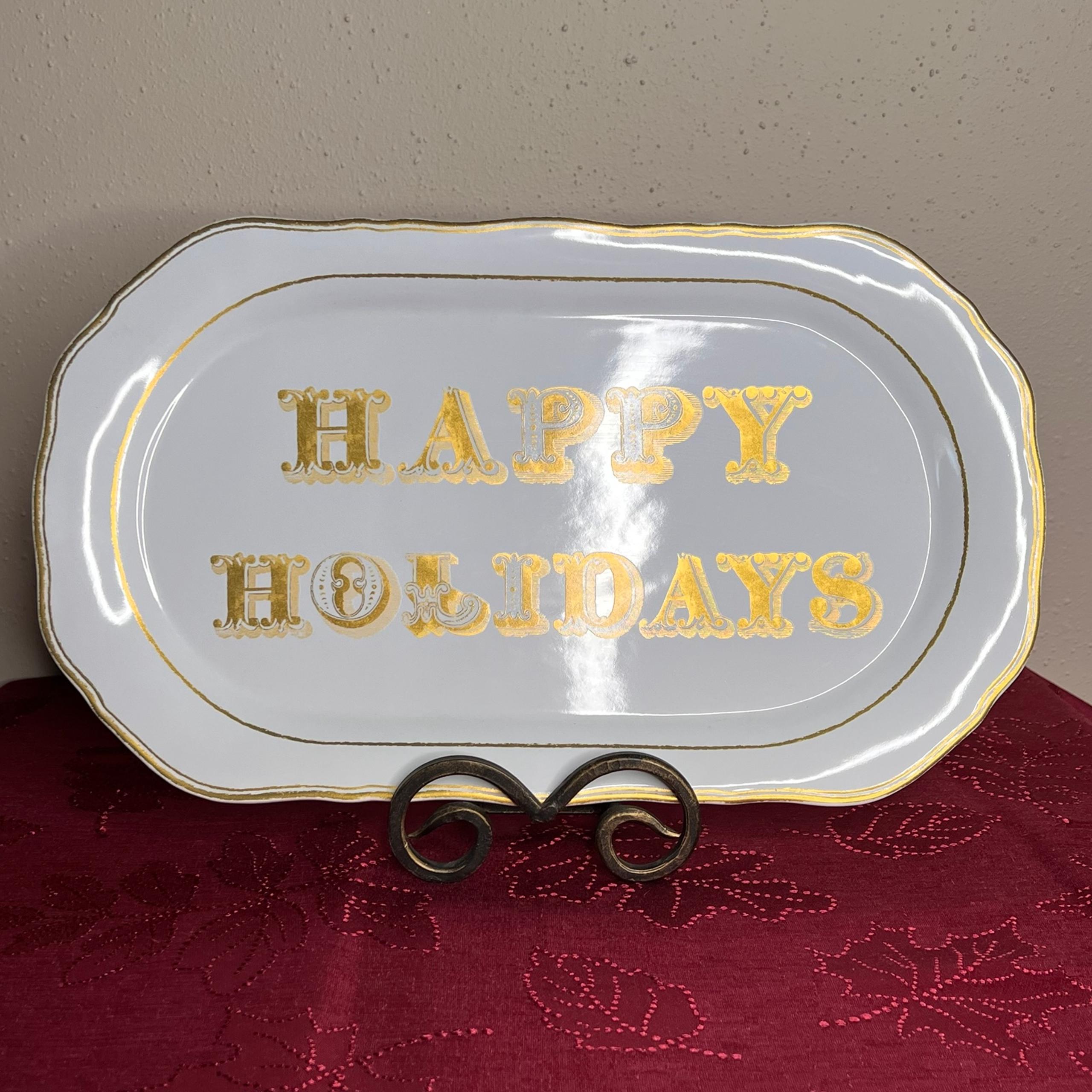 Williams Sonoma White & Gold Happy Holidays 15 1/2" Ceramic Serving Platter Tray