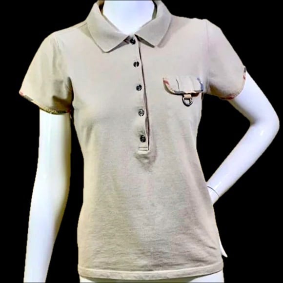 Burberry London Beige Golf Polo Shirt Novo Check collar and pocket.