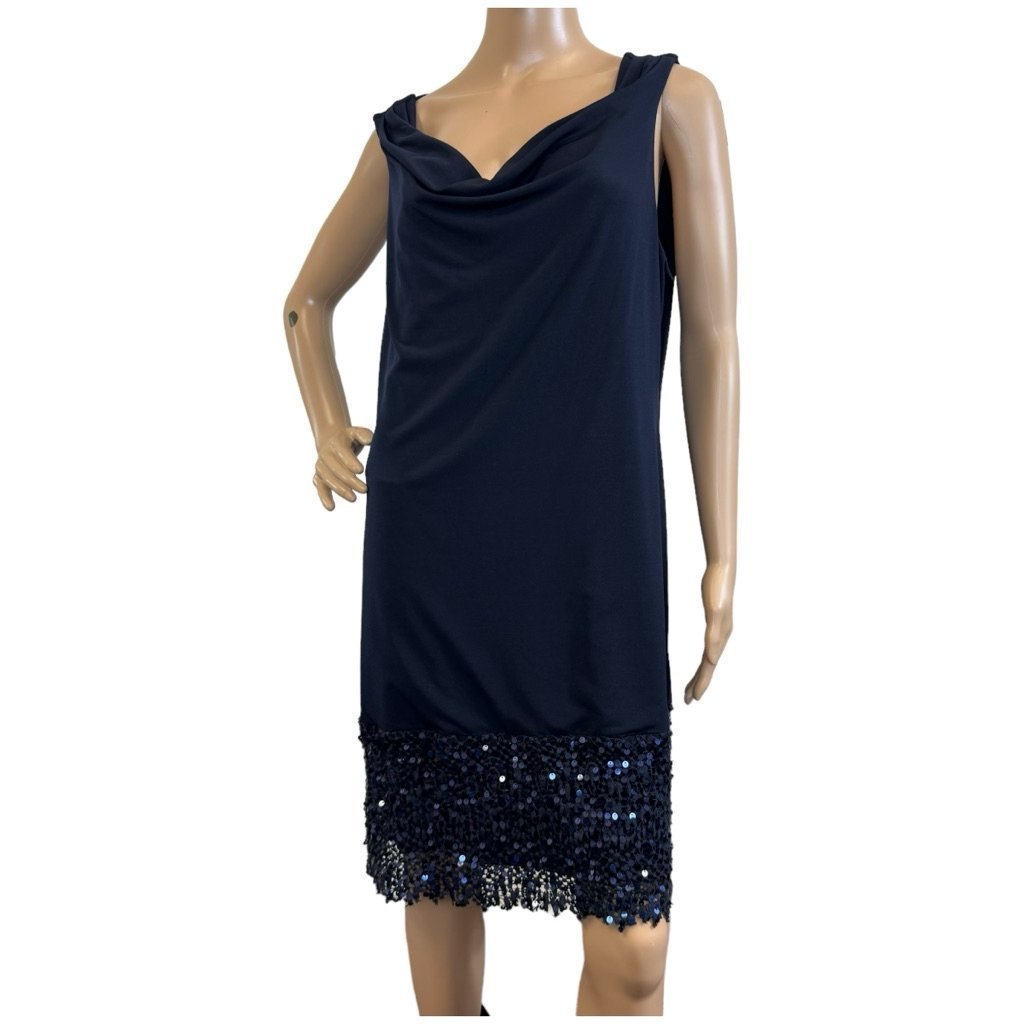 Dark blue polyester blend sleeveless dress. Stretchy, cotton lace sequin