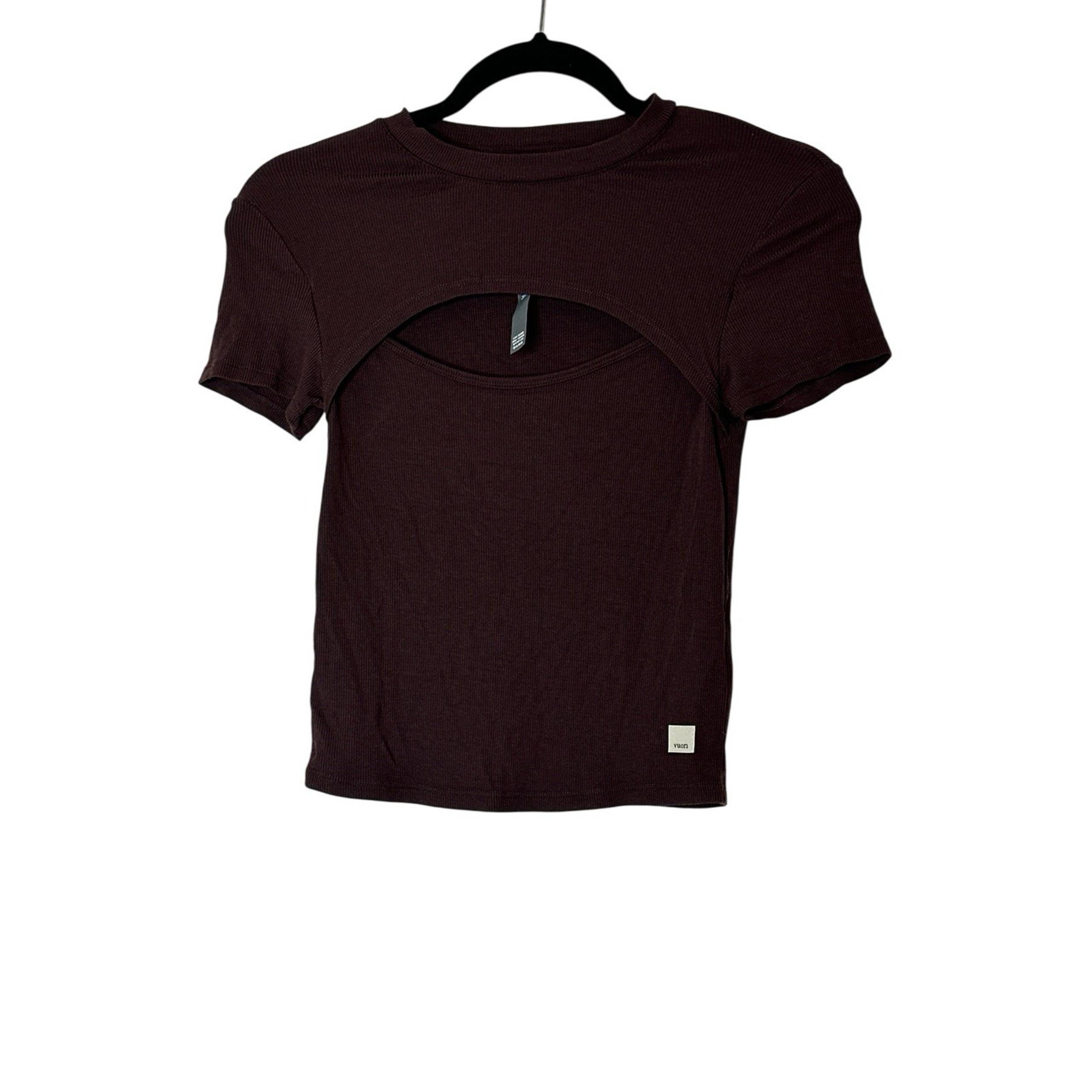 Vuori Cove Cut Out Tee Shirt Women's Small Brown Ribbed Fitted Cropped Stretch