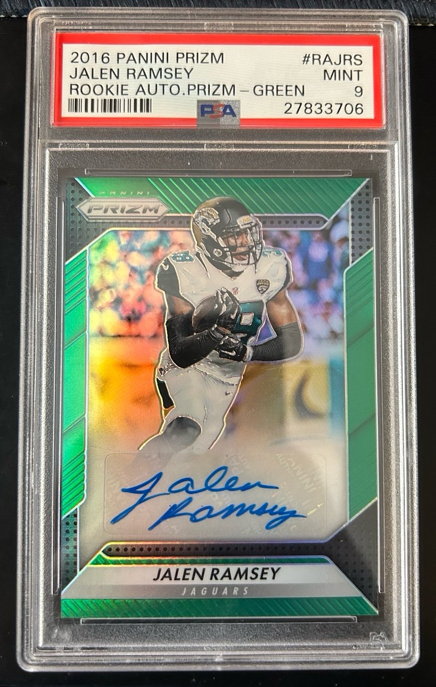 2016 PANINI PRIZM RC AUTO PRIZM GREEN #RAJRS JALEN RAMSEY ROOKIE RC PSA 9 AUTO