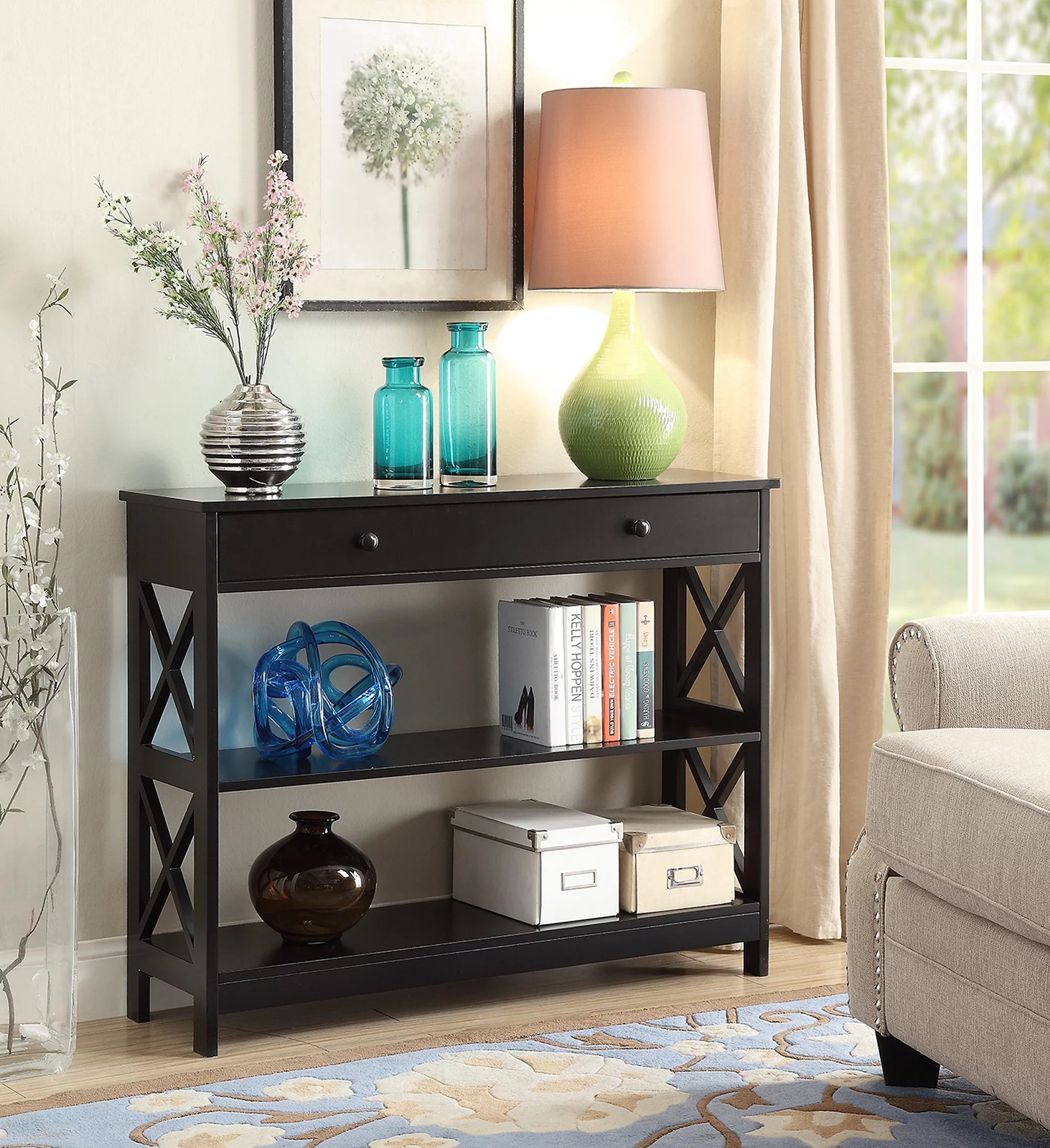 with1 Drawer Console Table with Shelves, Black