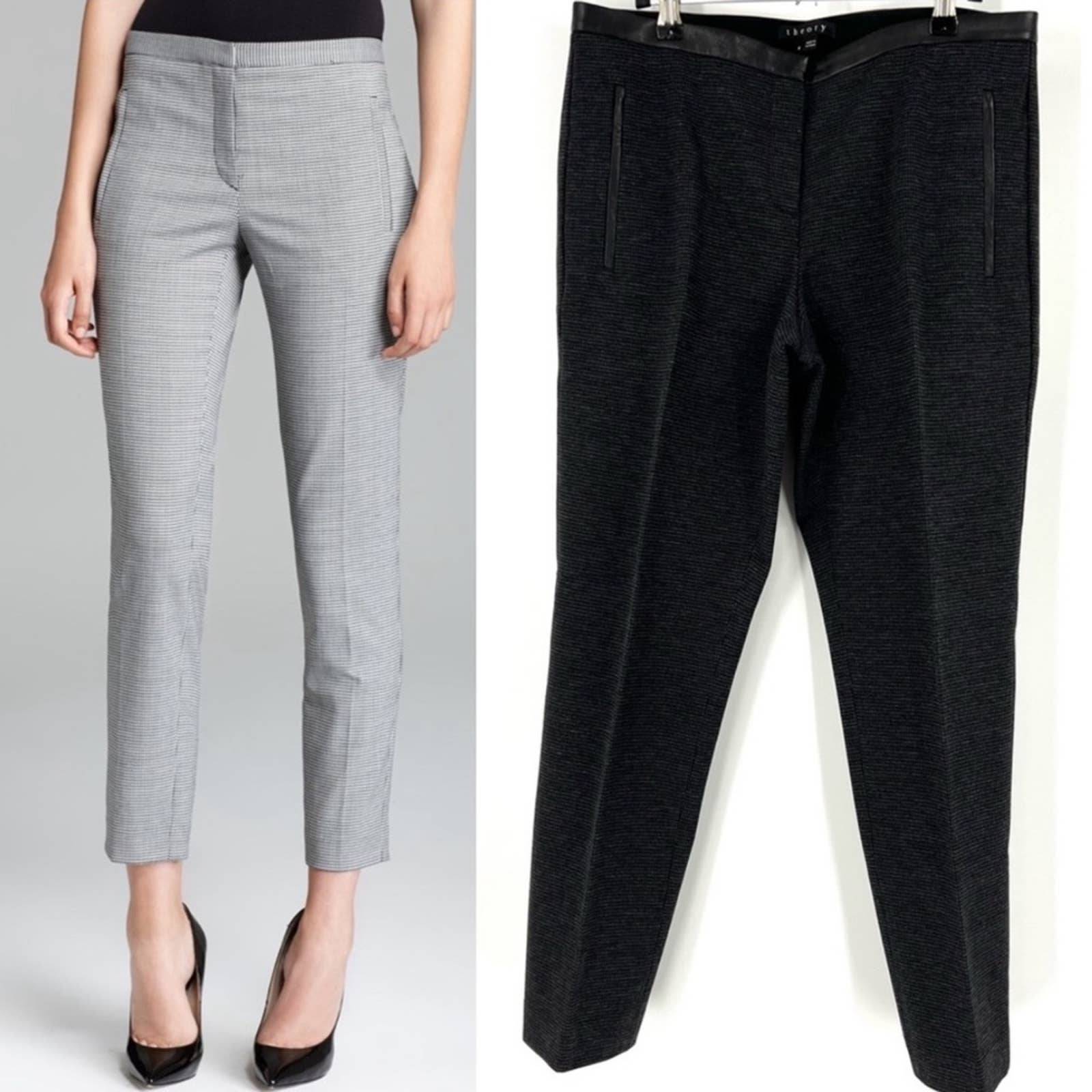 Theory Fia Mini Houndstooth Knit Lambskin Trimmed Ankle Pants SZ 8