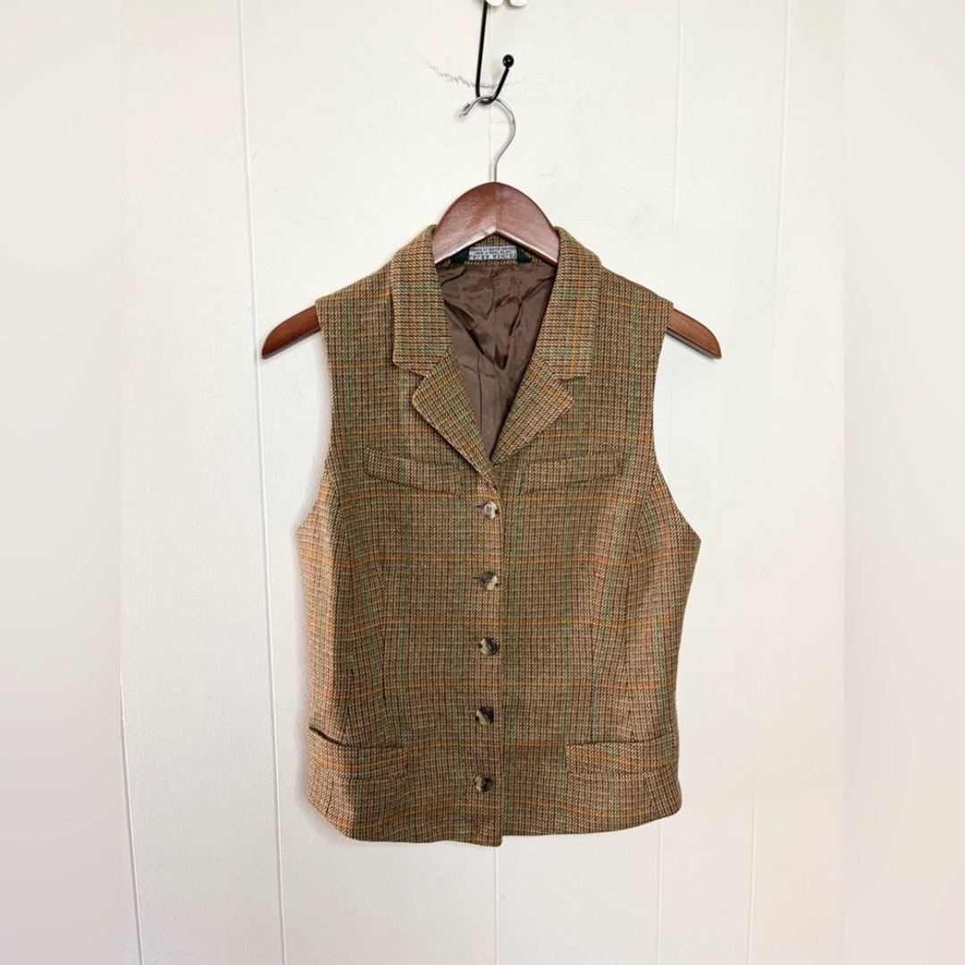 Laura Ashley vintage brown tan plaid vest pure new wool size 8 (M)