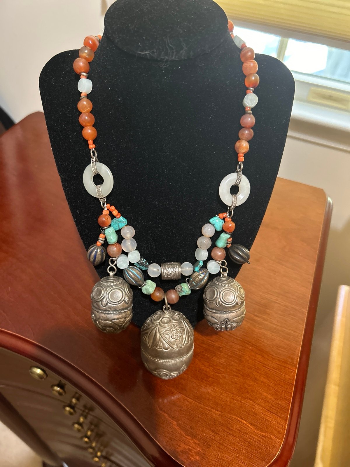 Ethic Silver, Jade, Turquoise, Coral, and Carnelian Tibetan Necklace