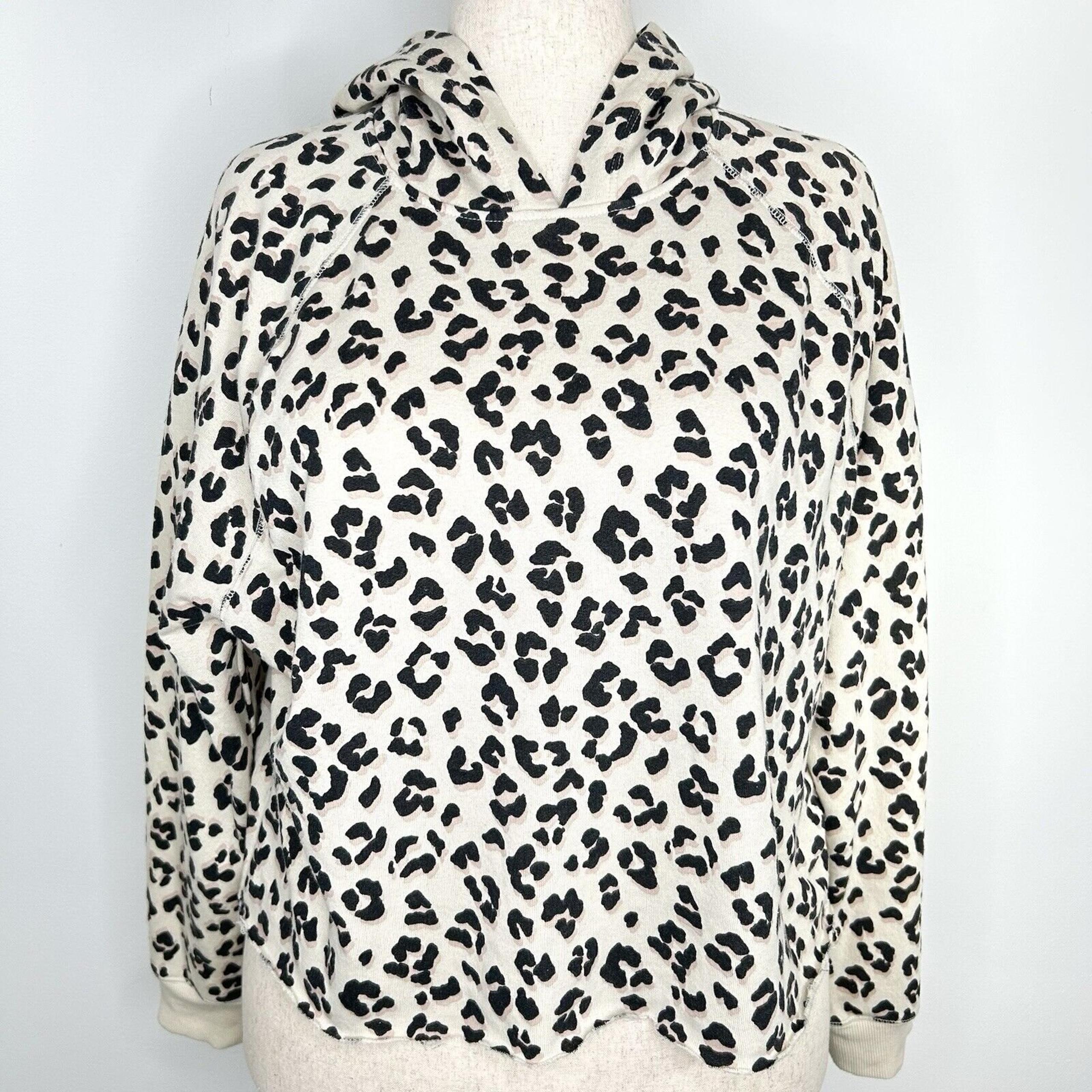 Lucky Brand Hoodie Women's Medium Cream Cropped Leopard Pullover Raw Hem Casual