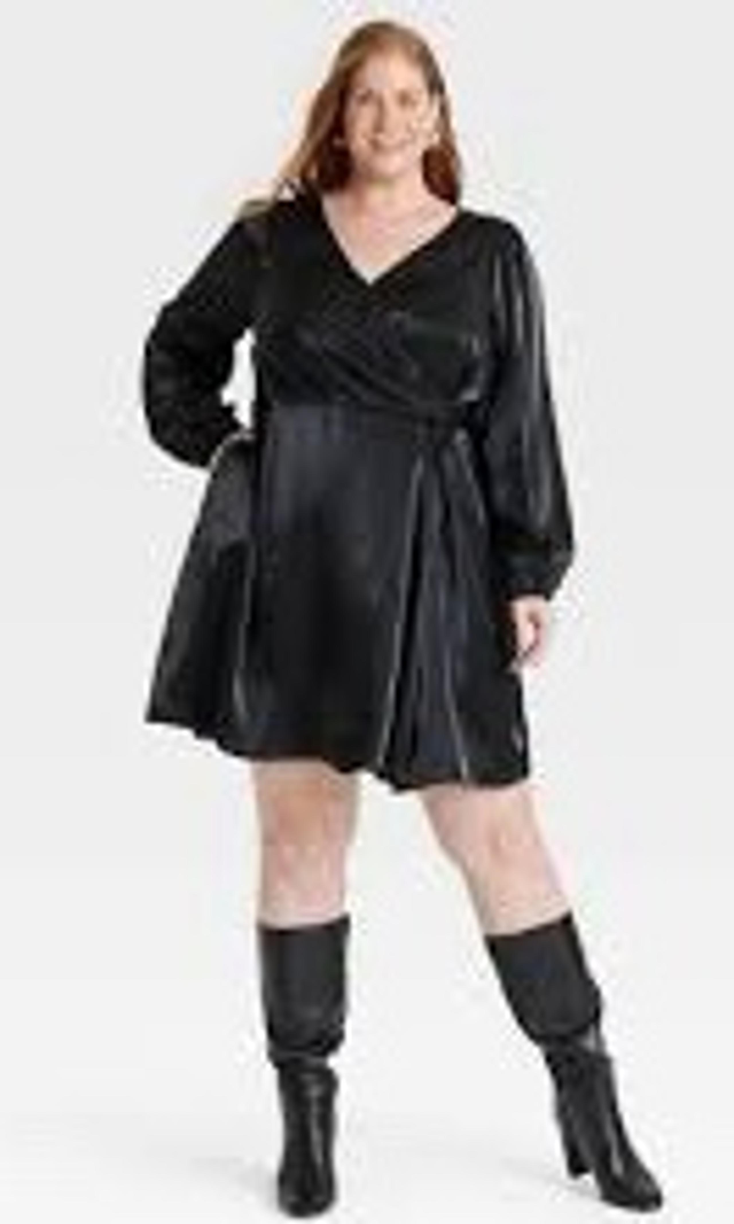 NEW Plus Size Black Balloon Sleeve Faux Wrap Mini Dress, Size 3X - Ava & Viv