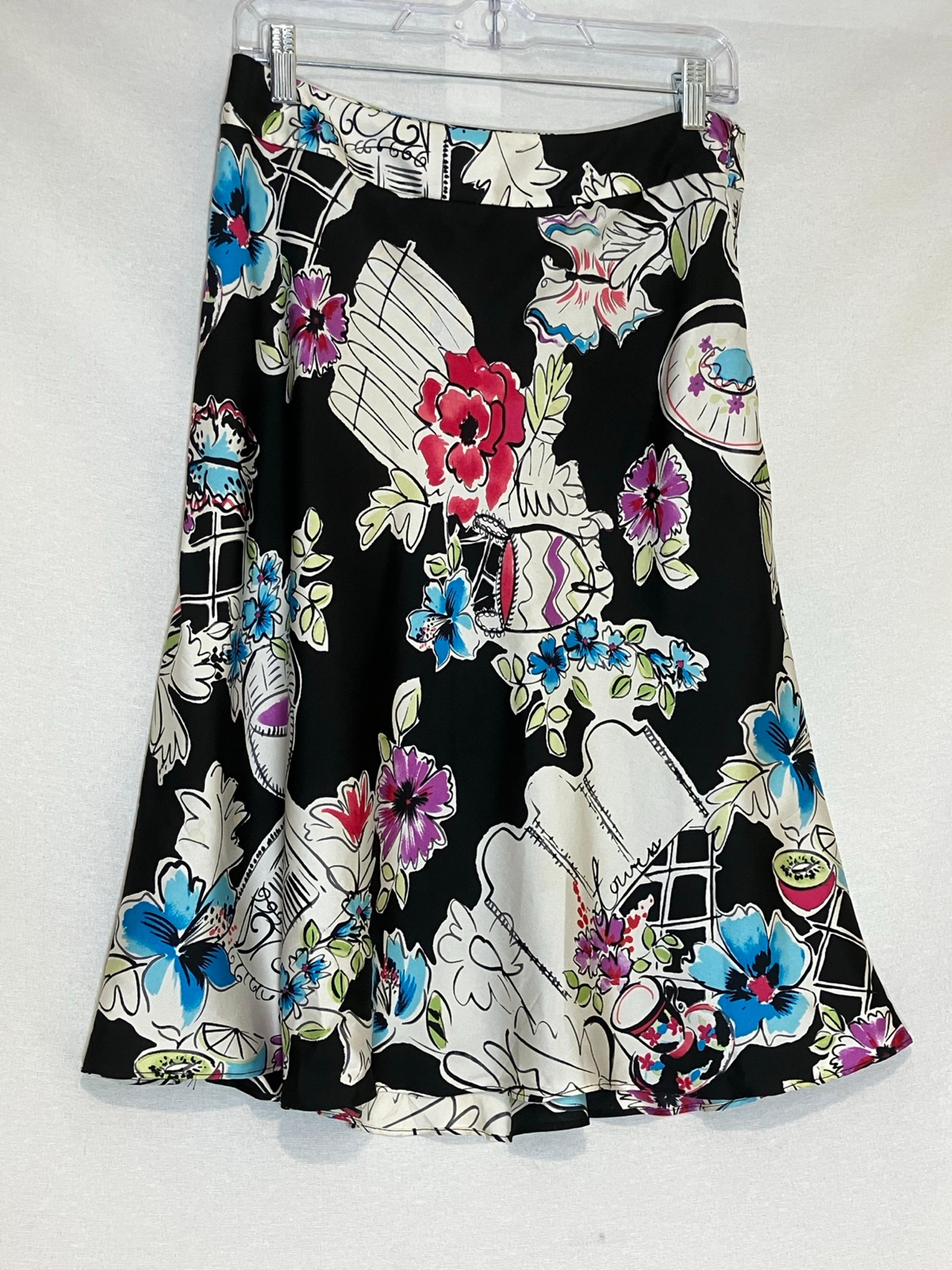 Floral 100% Silk A-line Midi Skirt Women Size 8 Summer Party - Valerie Stevens