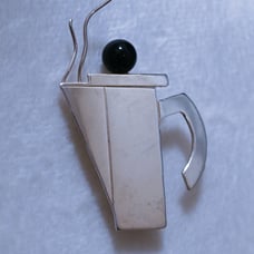 Vintage Unique Sterling Silver Hand Made Coffee Pot Pin Brooch with Black Onyx