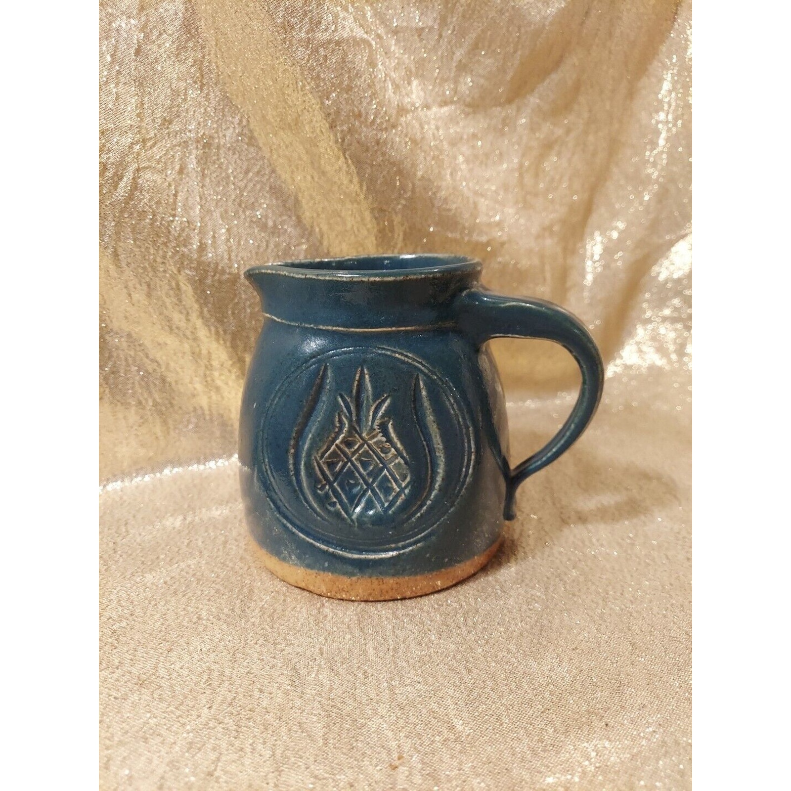 Prospect Street Pottery Galena Illinois Vintage Clay Pitcher, Blue Pineapple