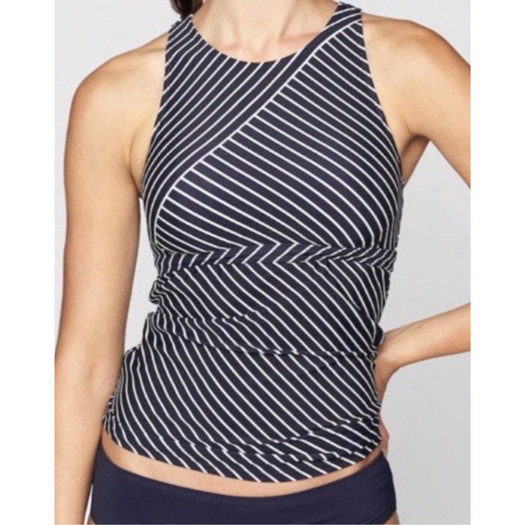 Athleta Women's Offshore Tankini Top Size M White Navy Blue Striped Modest