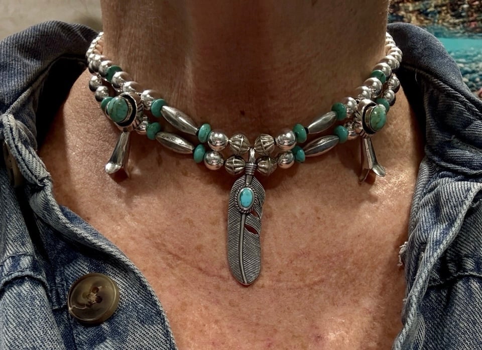 Native American Sterling Silver Turquoise Squash Blossom Choker Necklace