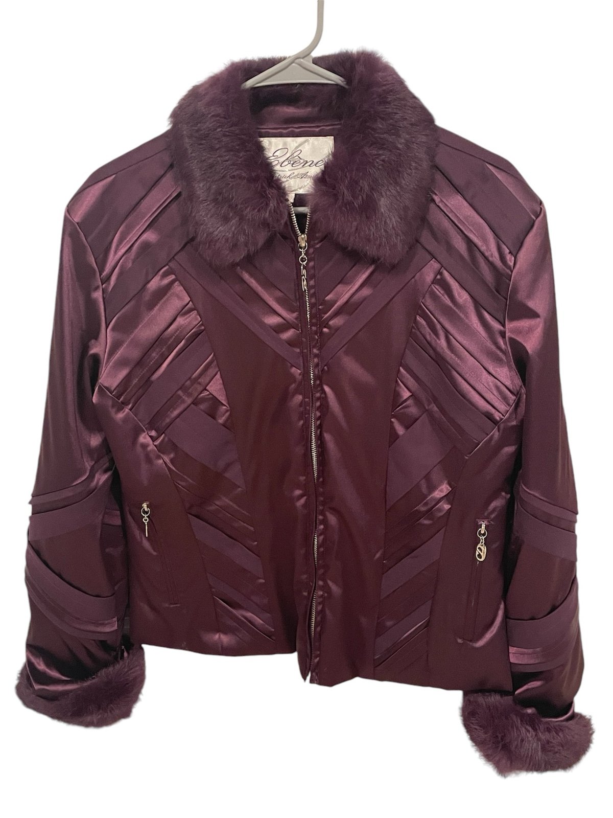 Ebene by Patrick Assuline Dark Plum Rabbit Fur Collar Cuff Padded Jacket