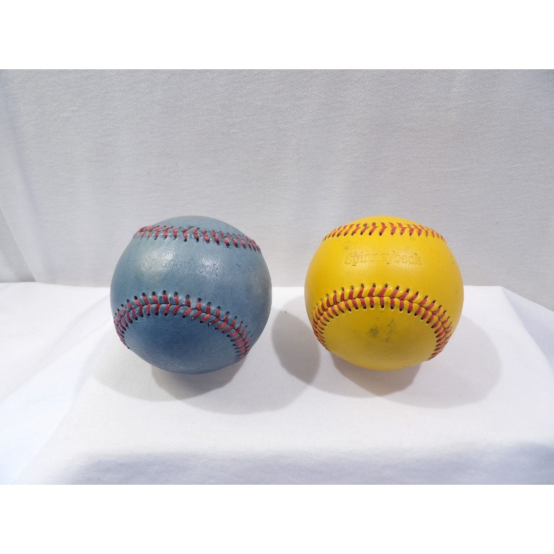 Vintage Spinneybeck leather baseball pair, 2 baseballs, yellow blue