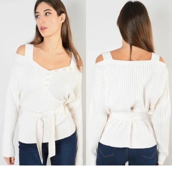 Derek Lam 10 Crosby Cold Shoulder Sweater Ivory Wool Cashmere Medium