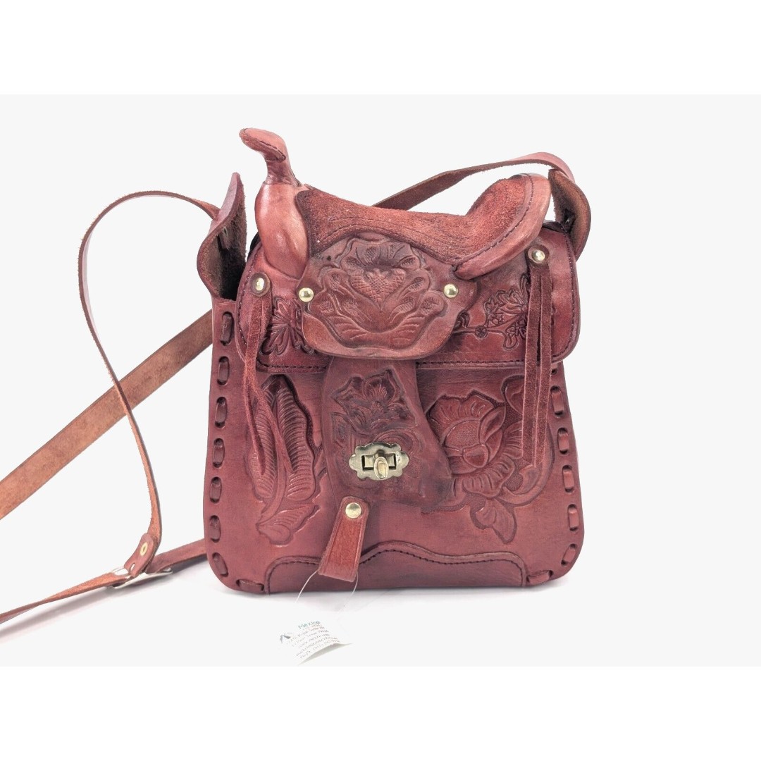 Hand Made Vtg Mexico Western Tooled Leather Horse Saddle Shoulder Crossbody Bag