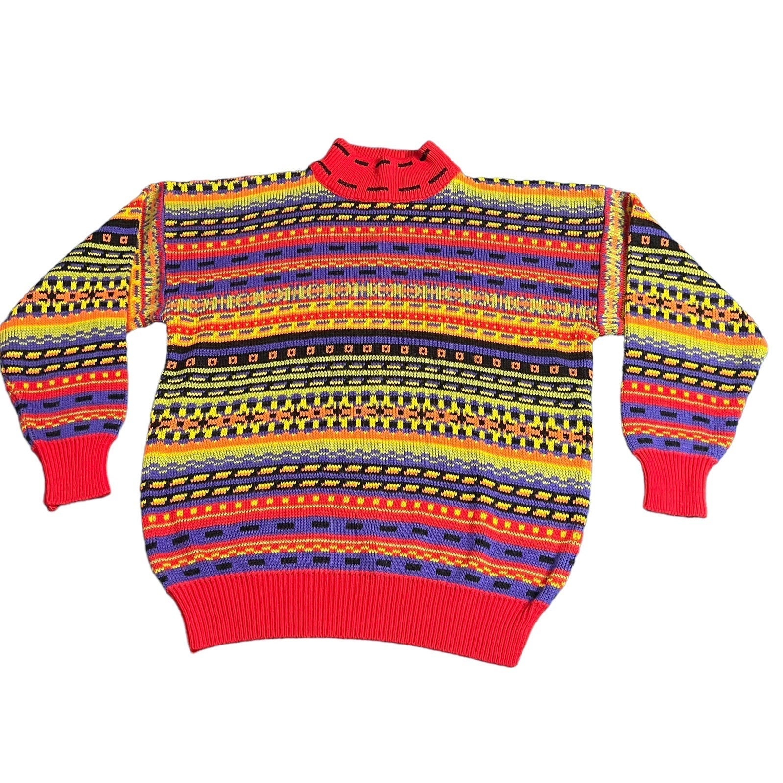 Vintage 80s 90s Y2K One Step Up Multi Color LARGE Sweater Knit Mock Turtle Neck