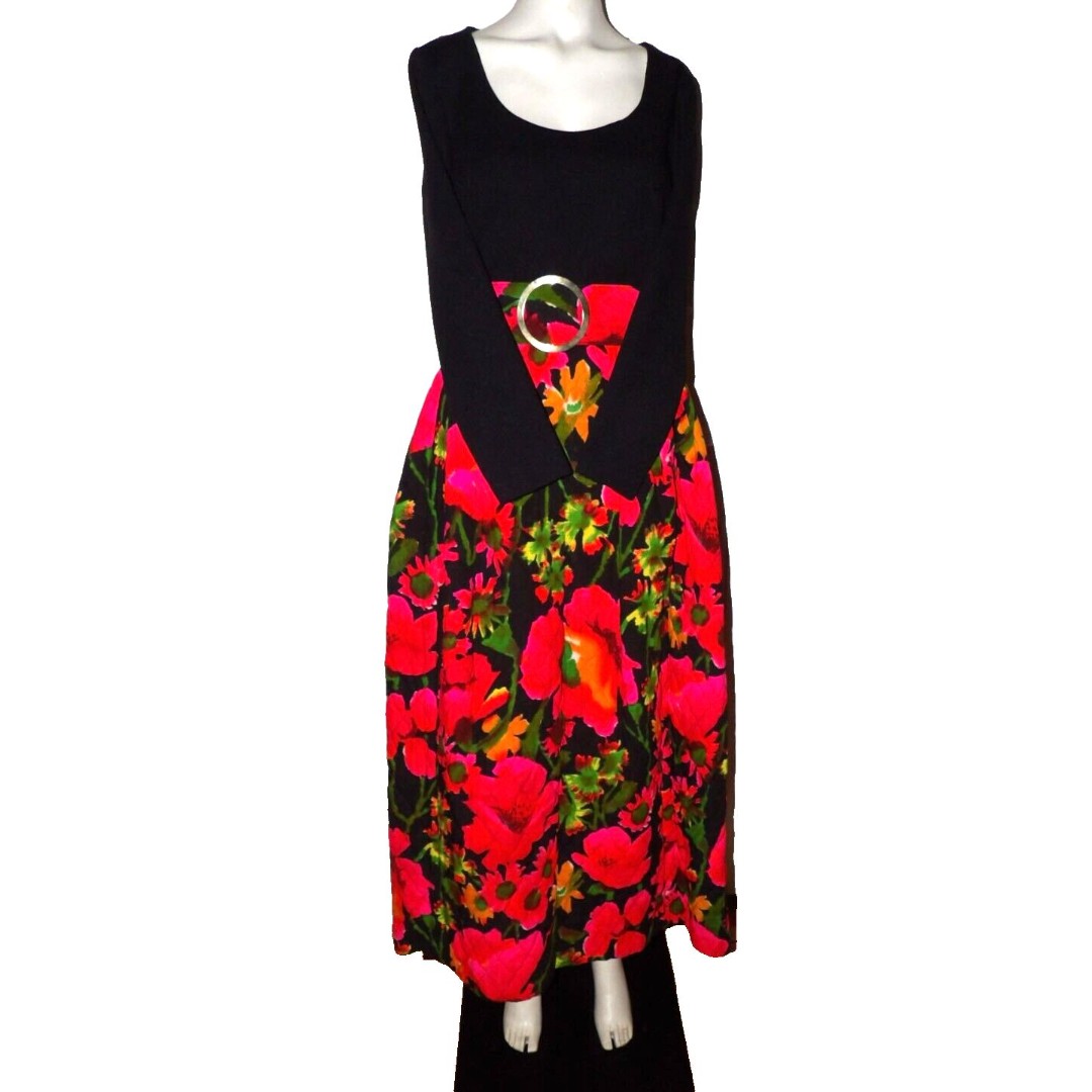 Eve Le Cog Vintage Quilted Floral and Black Small Maxi Dress Belted Cottagecore