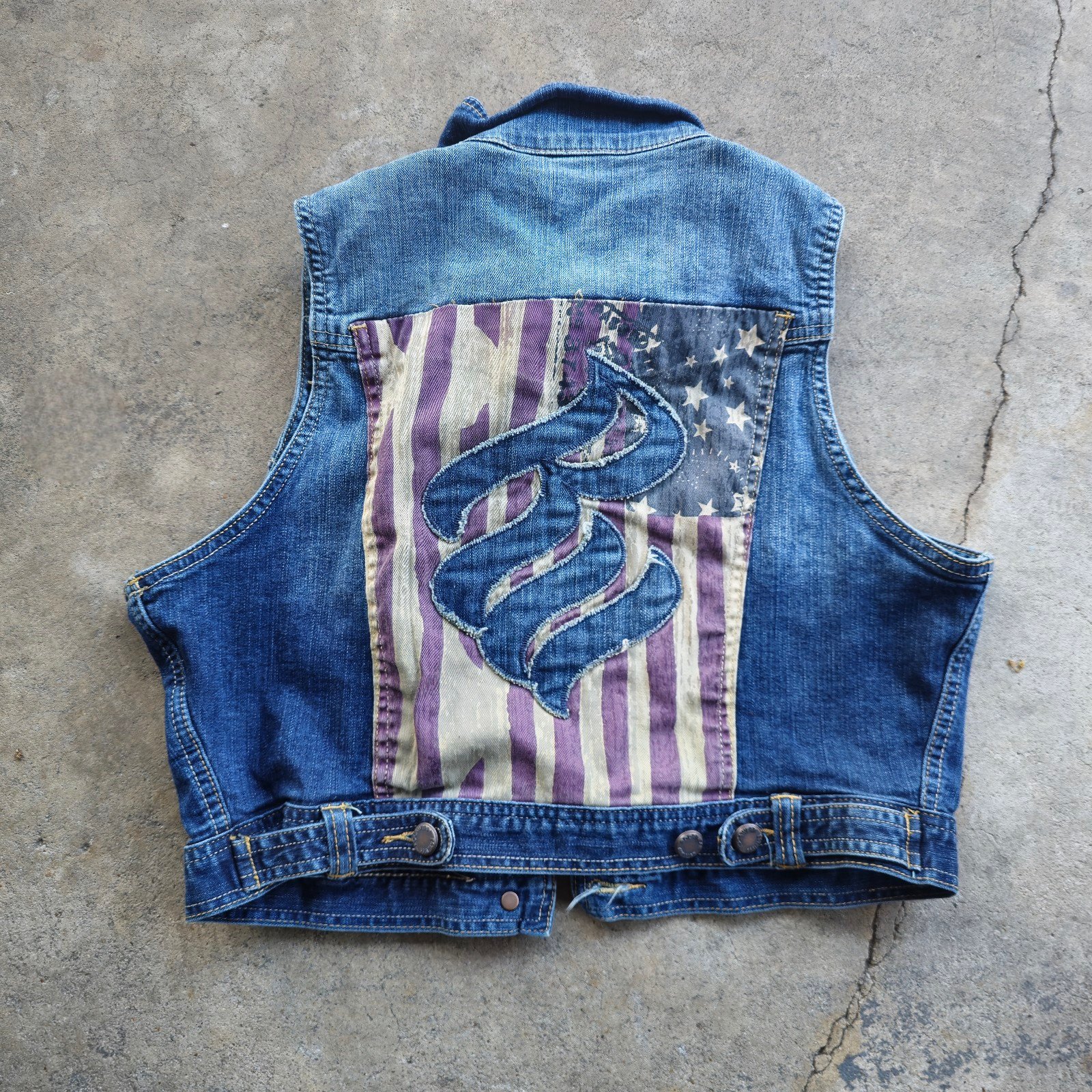 Vtg y2k rocawear Patchwork flag crop Denim Jean vest M