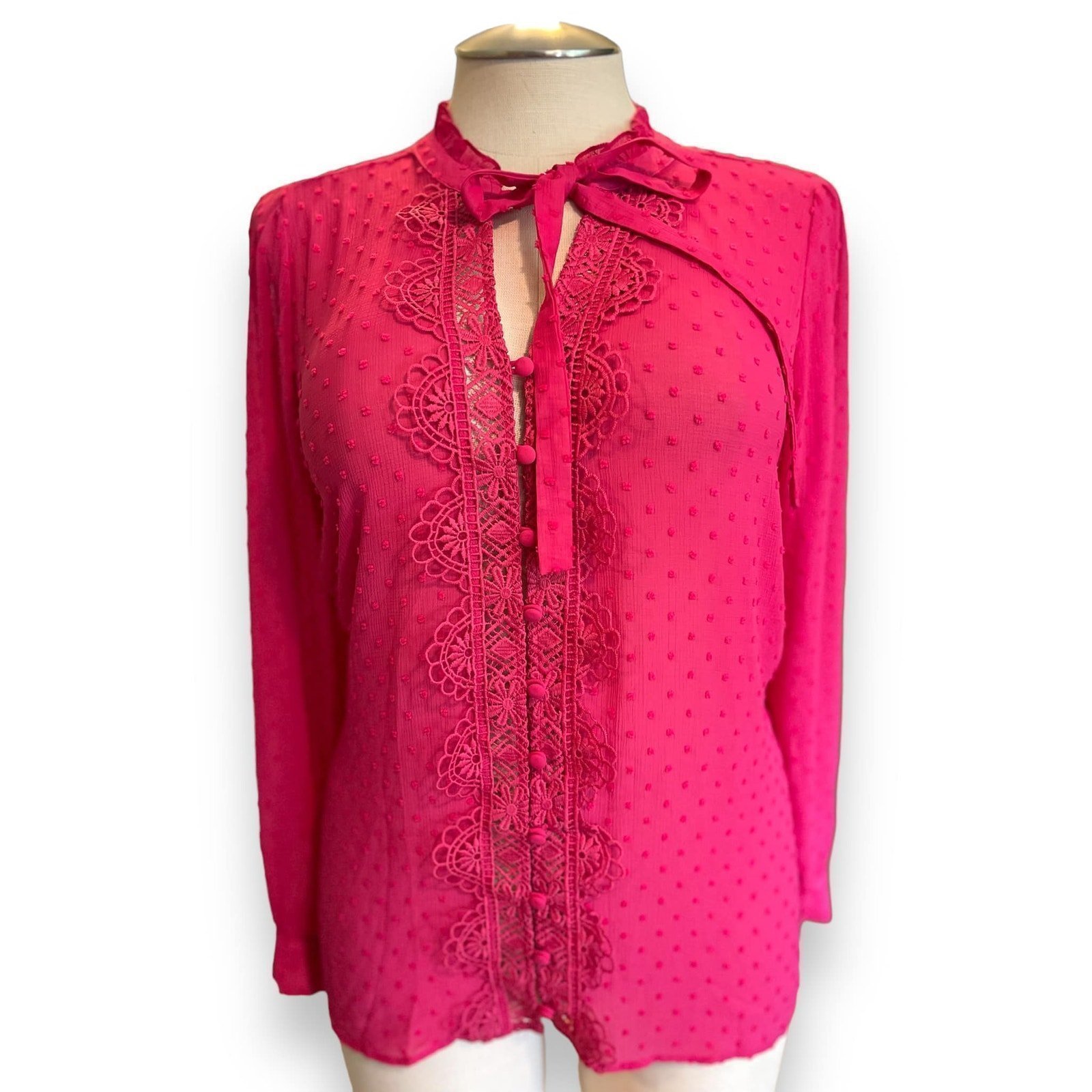 Torrid 2 (2x 18/20) Sexy Hot Pink Chiffon Clip Dot Tie Neck Secretary Blouse Top