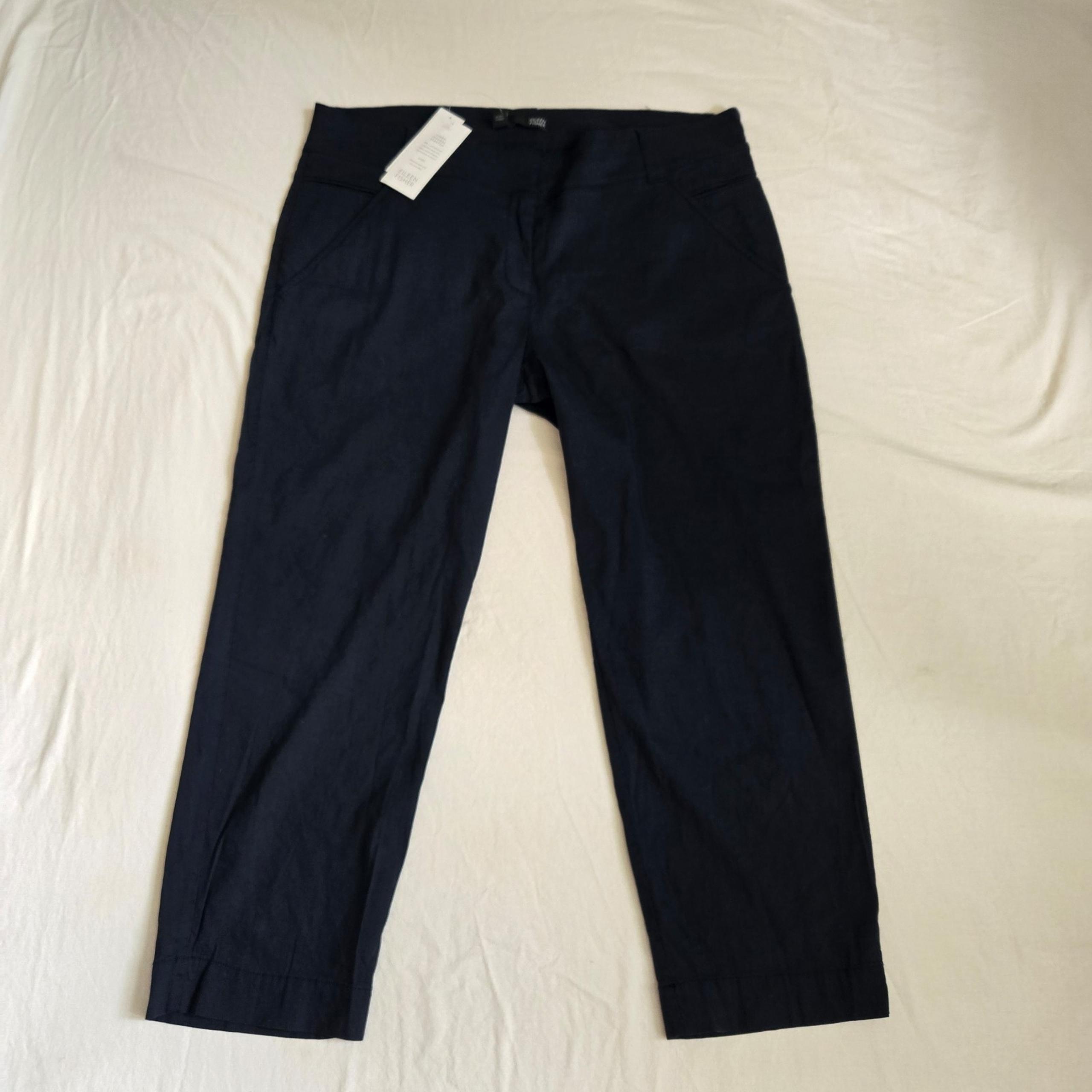 Eileen Fisher nwt slim cropped pant S1VX-P2125M linen blend navy blue size 16