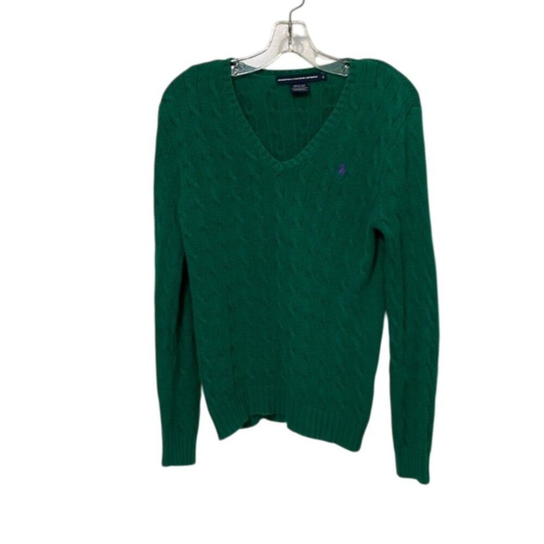 Ralph Lauren Sport Green Cotton V-Neck Cable Knit Sweater Womens Size Large