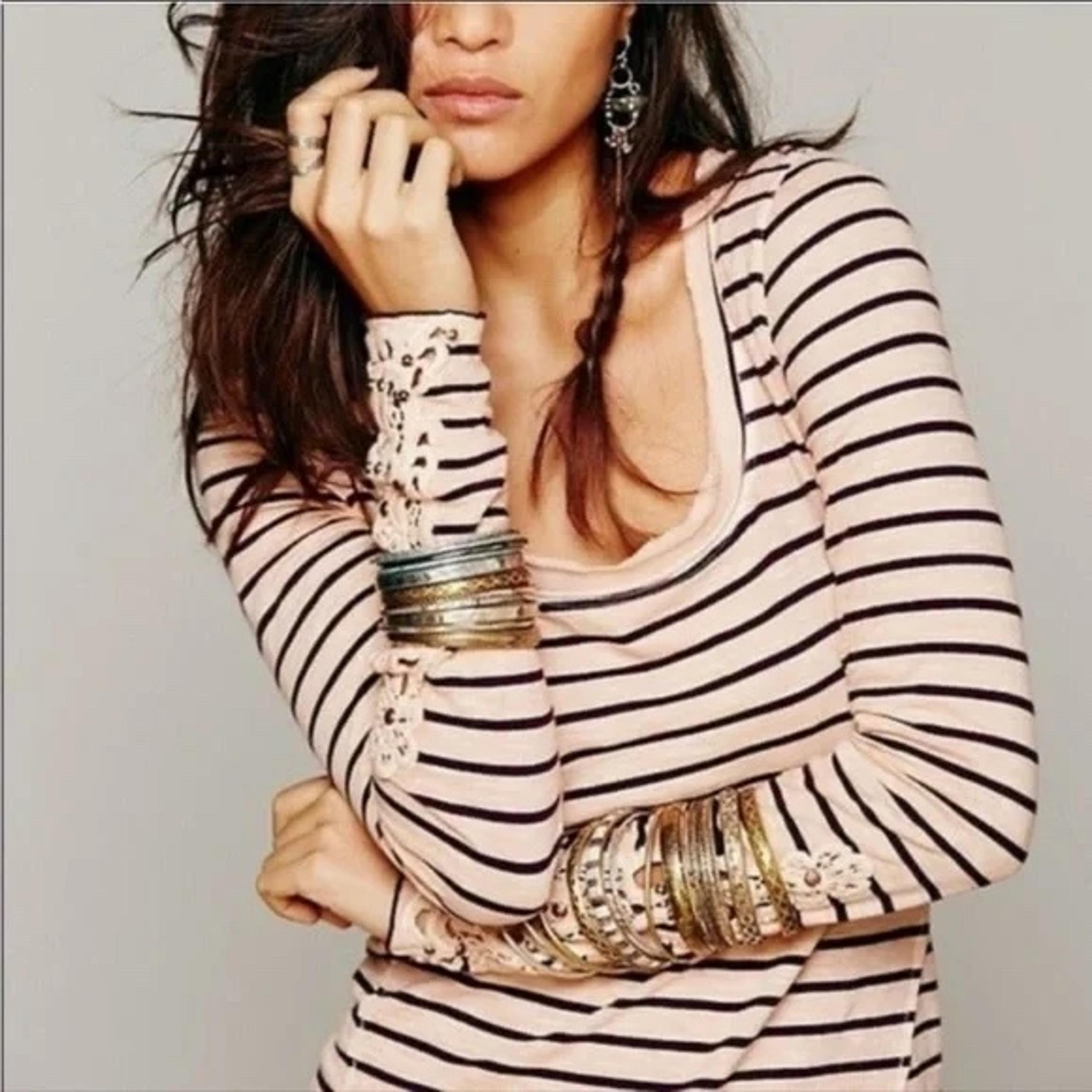 Free People Hard Candy Striped Henley Long Sleeve Crocheted Top Size XS
