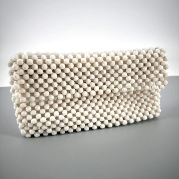 Vintage Women's Octagonal Softshell Beaded Top Zip Lined Clutch Bag White Mini