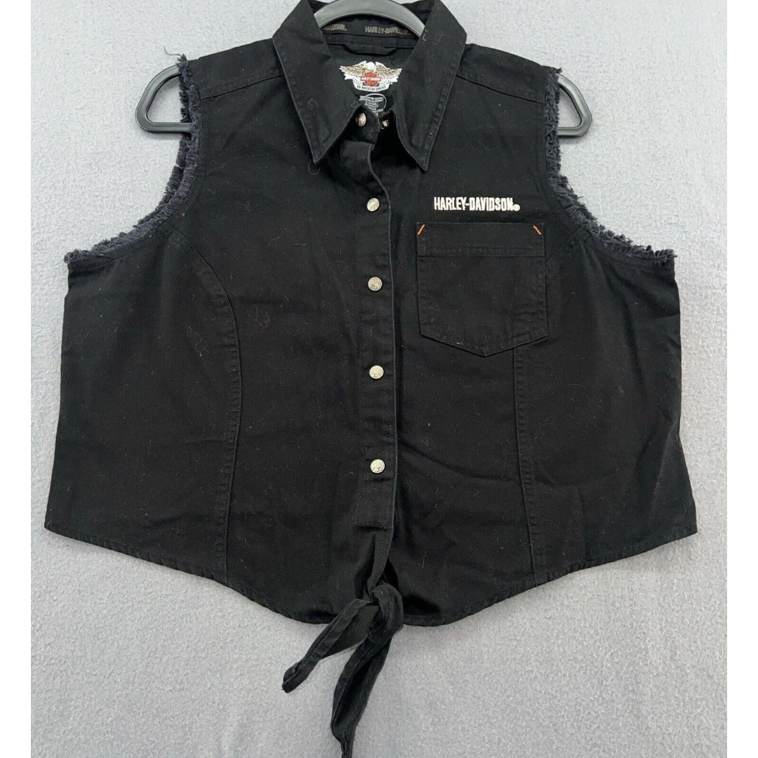 Harley Davidson Shirt Women’s XL Button Up Cut Off Sleeve Embroidered Wings