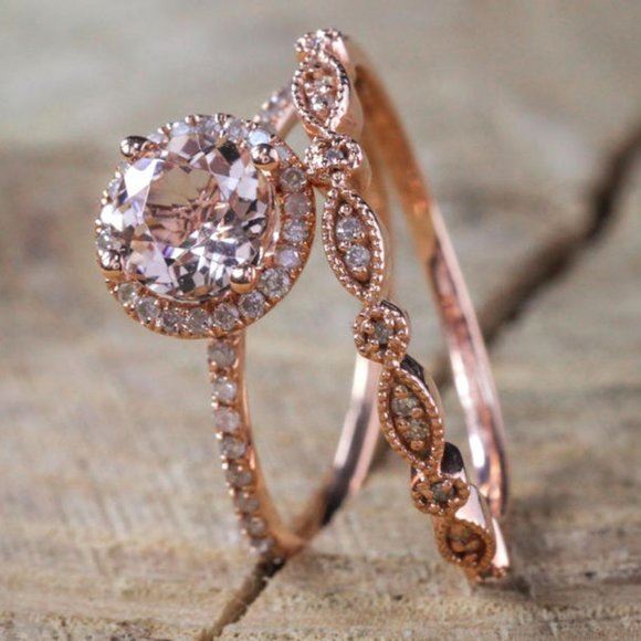 NEW 2PC 18K Rose Gold Pink Sapphire Ring