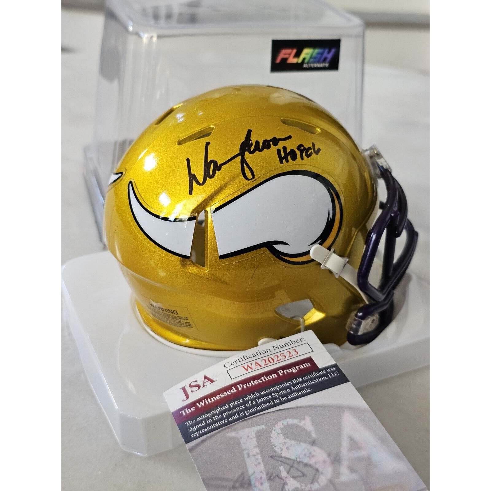 Warren Moon Autographed/Signed Mini Helmet JSA COA Minnesota Vikings Flash