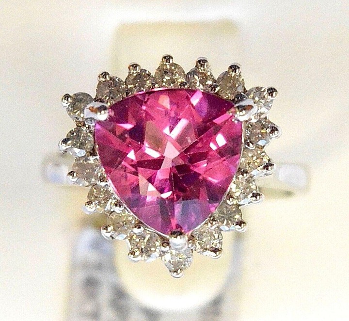 5.65Ct Natural Trillion Pink Topaz & Diamond Halo Solitaire Ring 14k White Gold