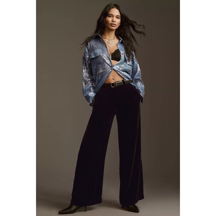 Anthropologie PILCRO Long-Sleeve Oversized Sequin Buttondown Blue Button Up XS