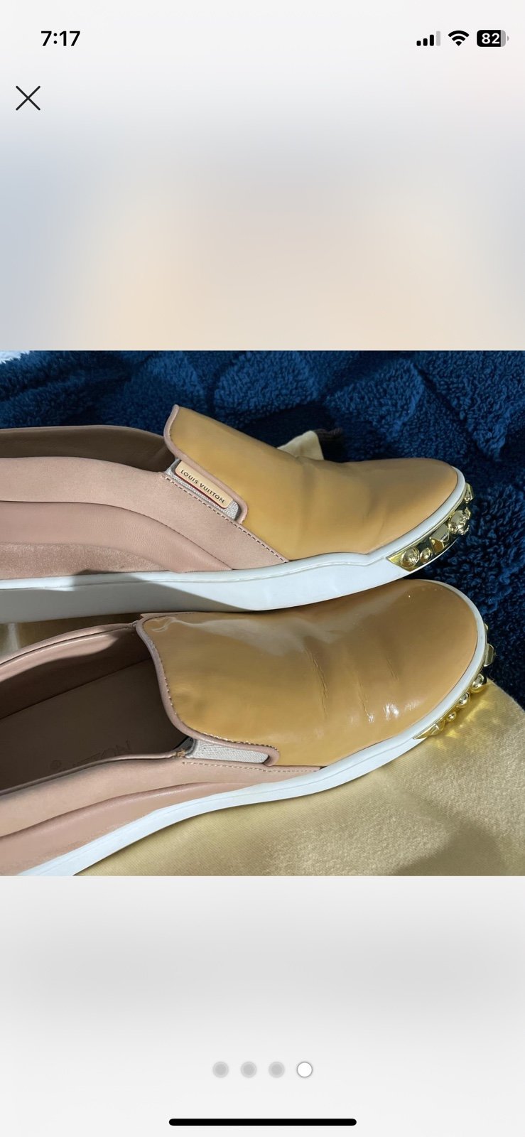 Louis Vuitton two tone leather& patentgold studded tempo slip on sneakers flat