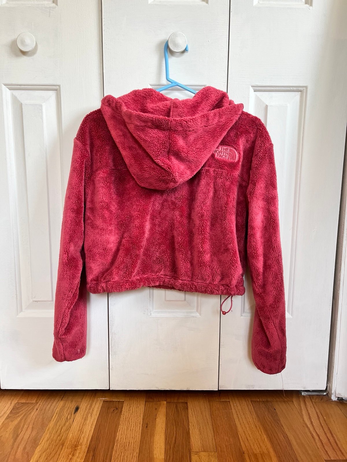 Fuzzy pink cropped north face hoodie