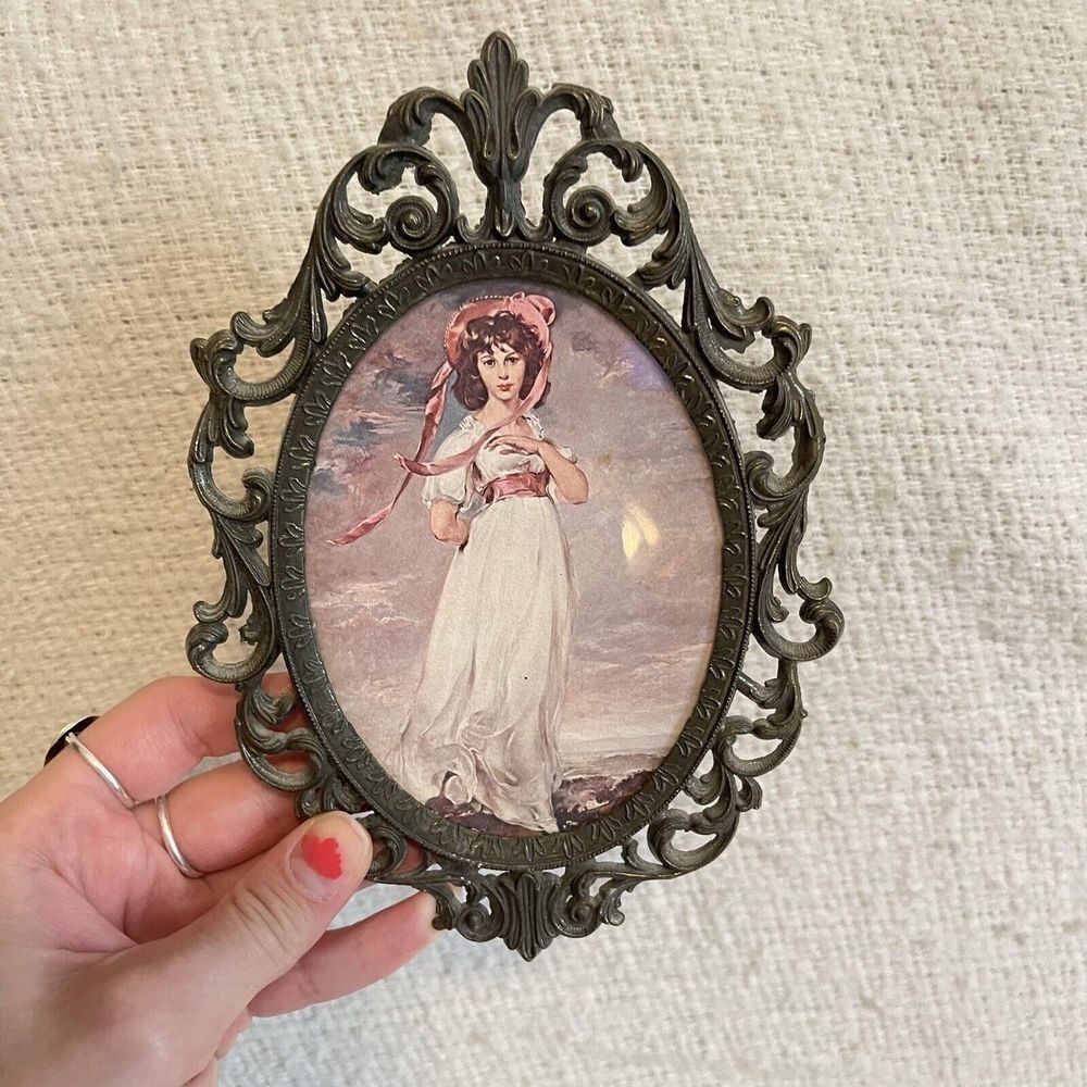 Vintage Italy Brass Pink Picture Framed Cameo Lady Victorian Goddess Decor 5x7
