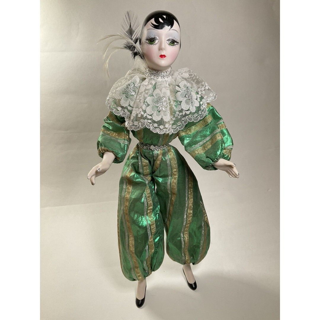 Antique Sankyo Musical Wind Up Porcelain Clown Shelf Doll Vintage 16