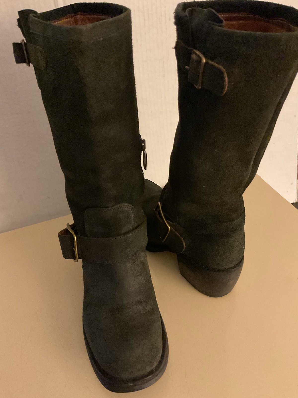 Florentini +Baker women dark gray suede biker harness heel boots size 6