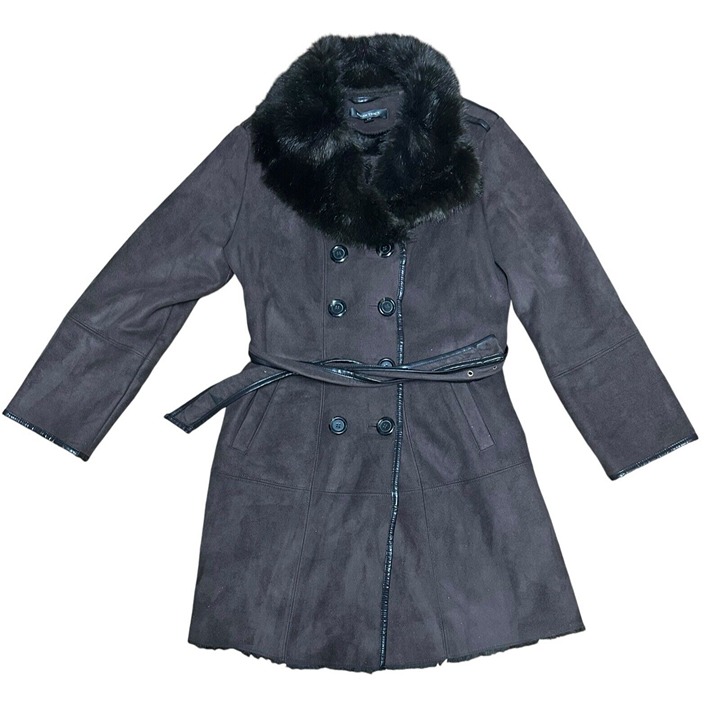 Ellen Tracy Coat Belted Brown W/Very Faux Fur Collar Lining Women's Large Damage