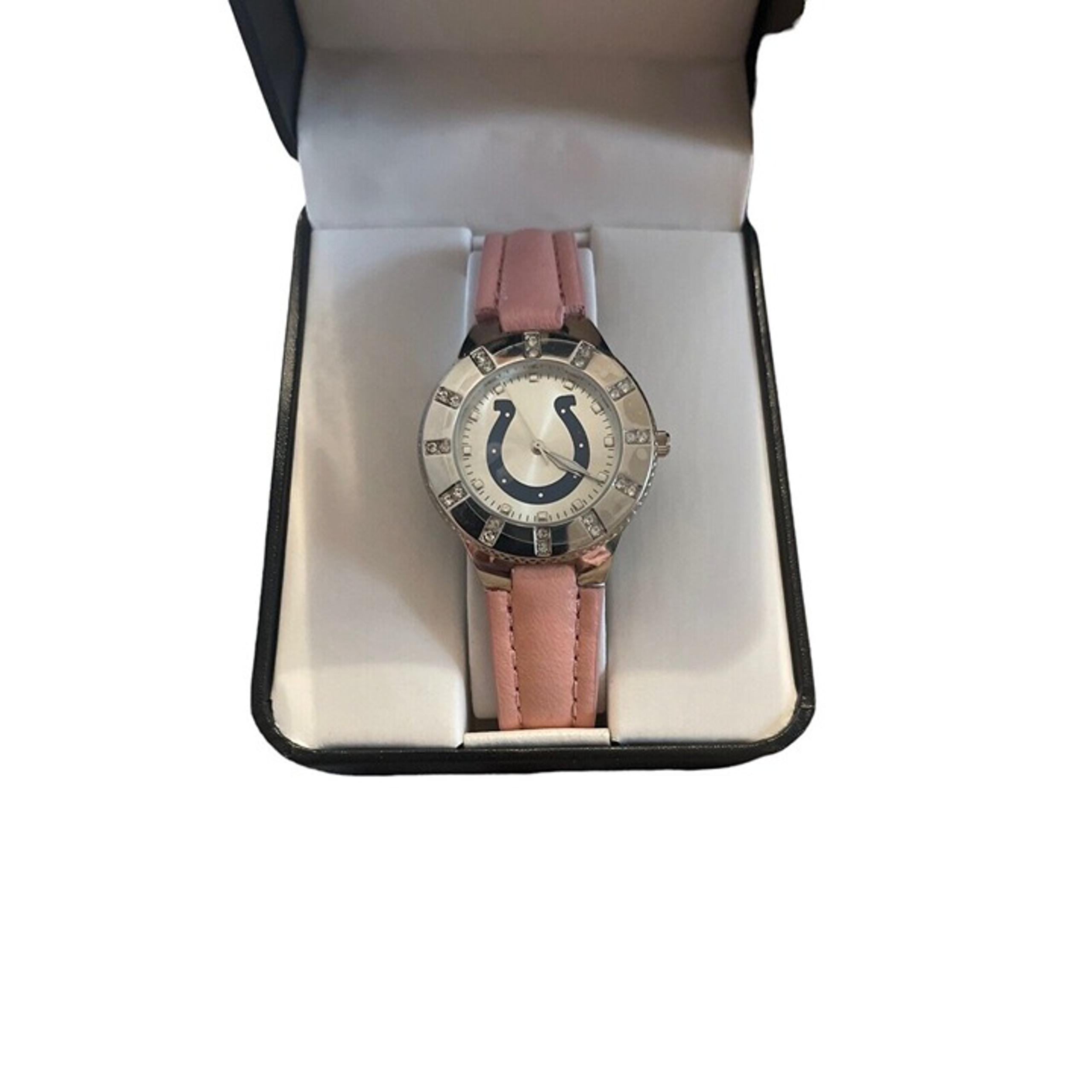 NFLxAvon Indianapolis Colts Horseshoe Watch Pink Band Rhinestones Silvertone NEW