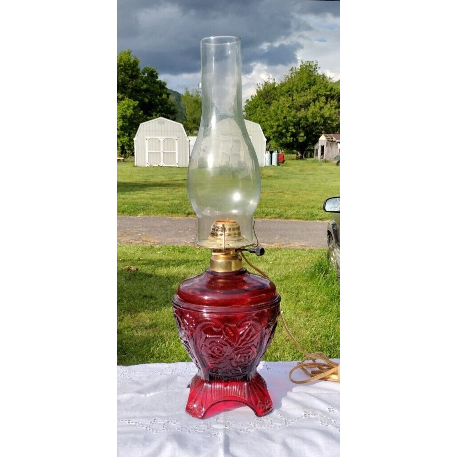 Vintage Handmade Mexico Ruby Red Pressed Roses Oil Lamp Electric Works Victorian