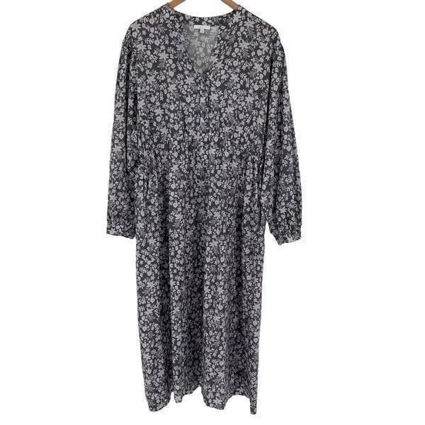 Calme By Johnny Was Relaxed Henley Midi Dress Long Sleeve Floral Large Gray