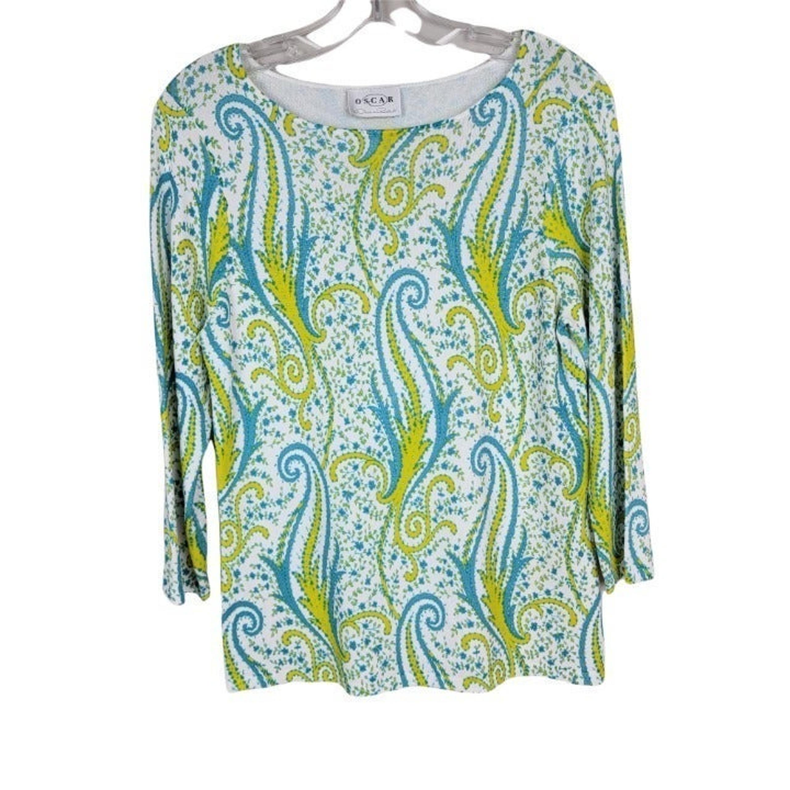 OSCAR By Oscar De La Renta Yellow Blue Paisley Round Neck 3/4 Sleeves Knit Top M