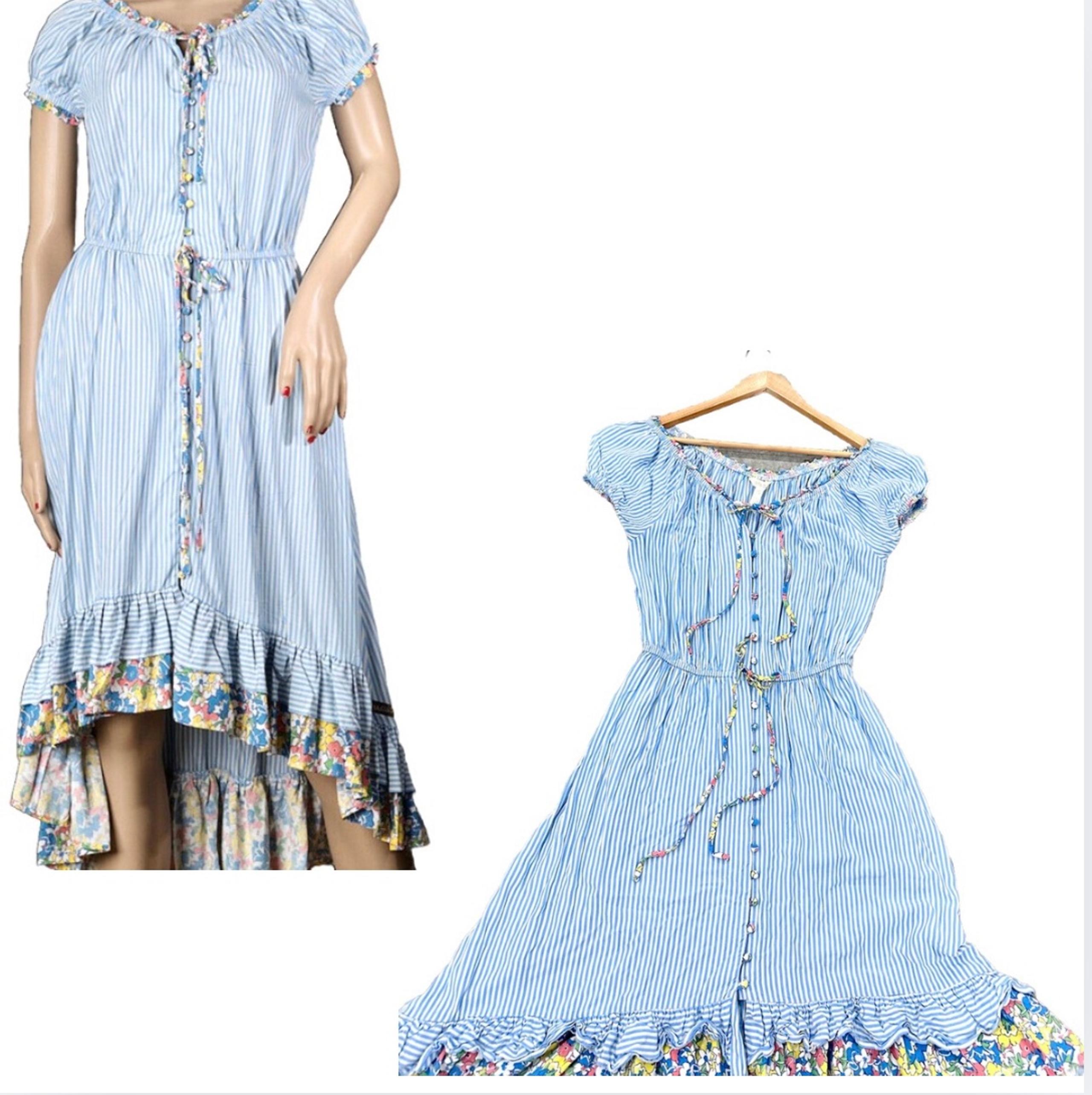 Matilda Jane Dress Come Away With Me Size L Women’s Floral Blue Stripes Ruffles