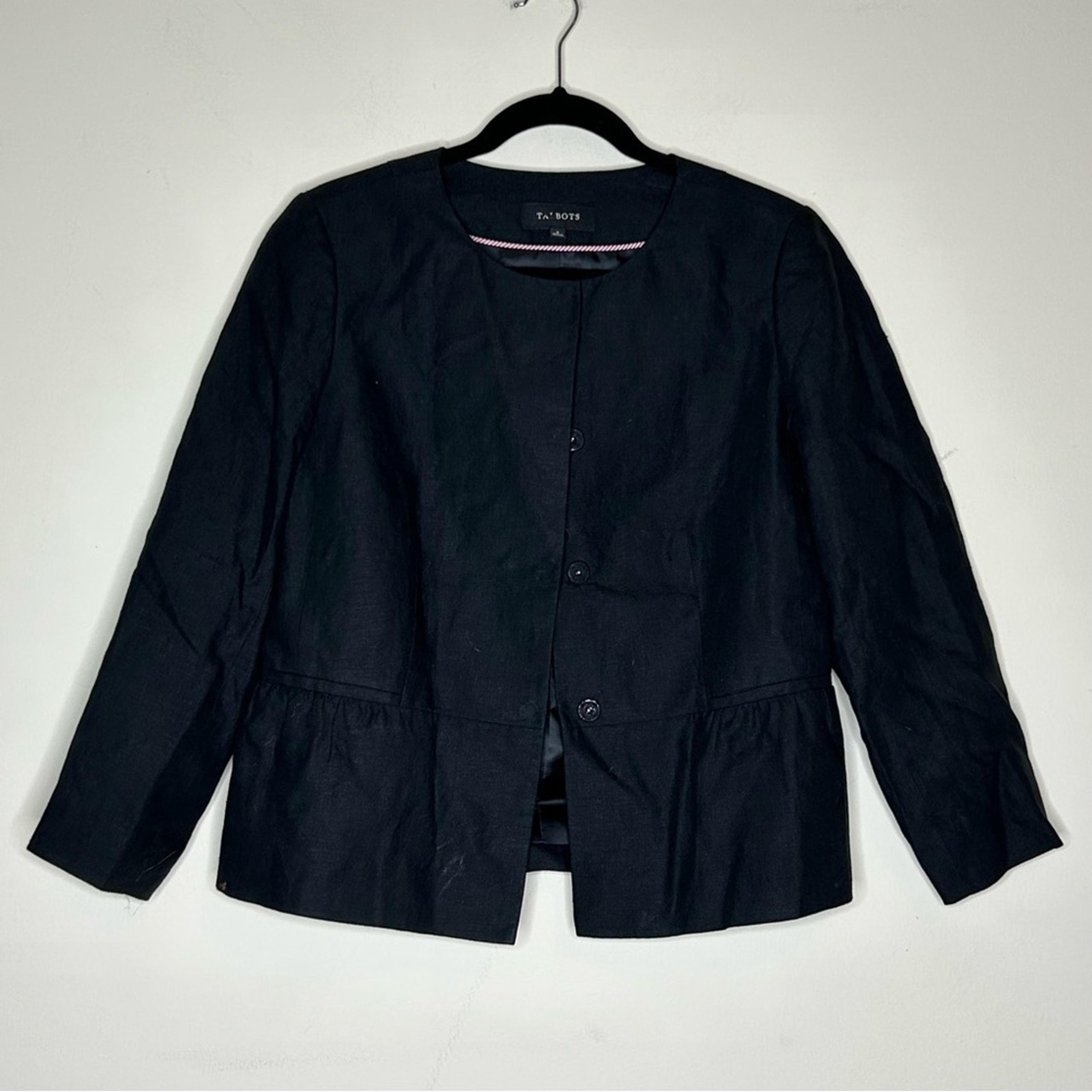 Talbots Linen Blazer Sports Coat Jacket Solid Black Lined Faux Pockets Size 8