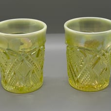 Pair Of Mosser Yesteryear Vaseline Opalescent Tumblers.