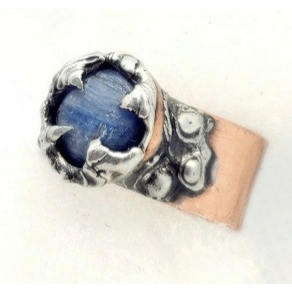 Kyanite crystal biker ring mixed metal copper and silver solder metalwork gothic
