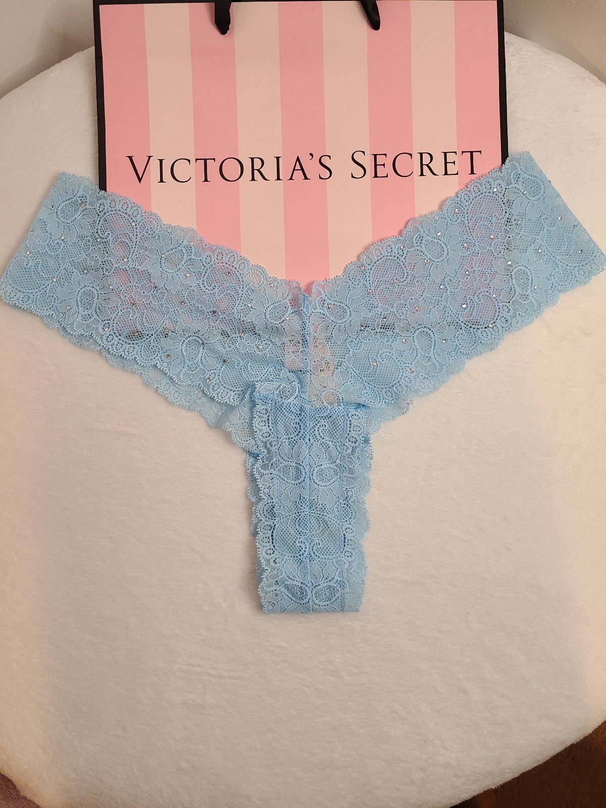 NWT VTG Victoria's Secret Sexy Lace Rhinestone Cheeky Panty Size Lg