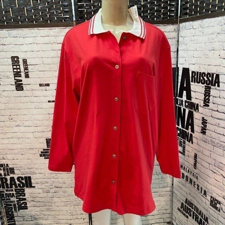 Leisure Wear By Adonna M Red Button Down Striped Collar Collar Long Sleeve Top
