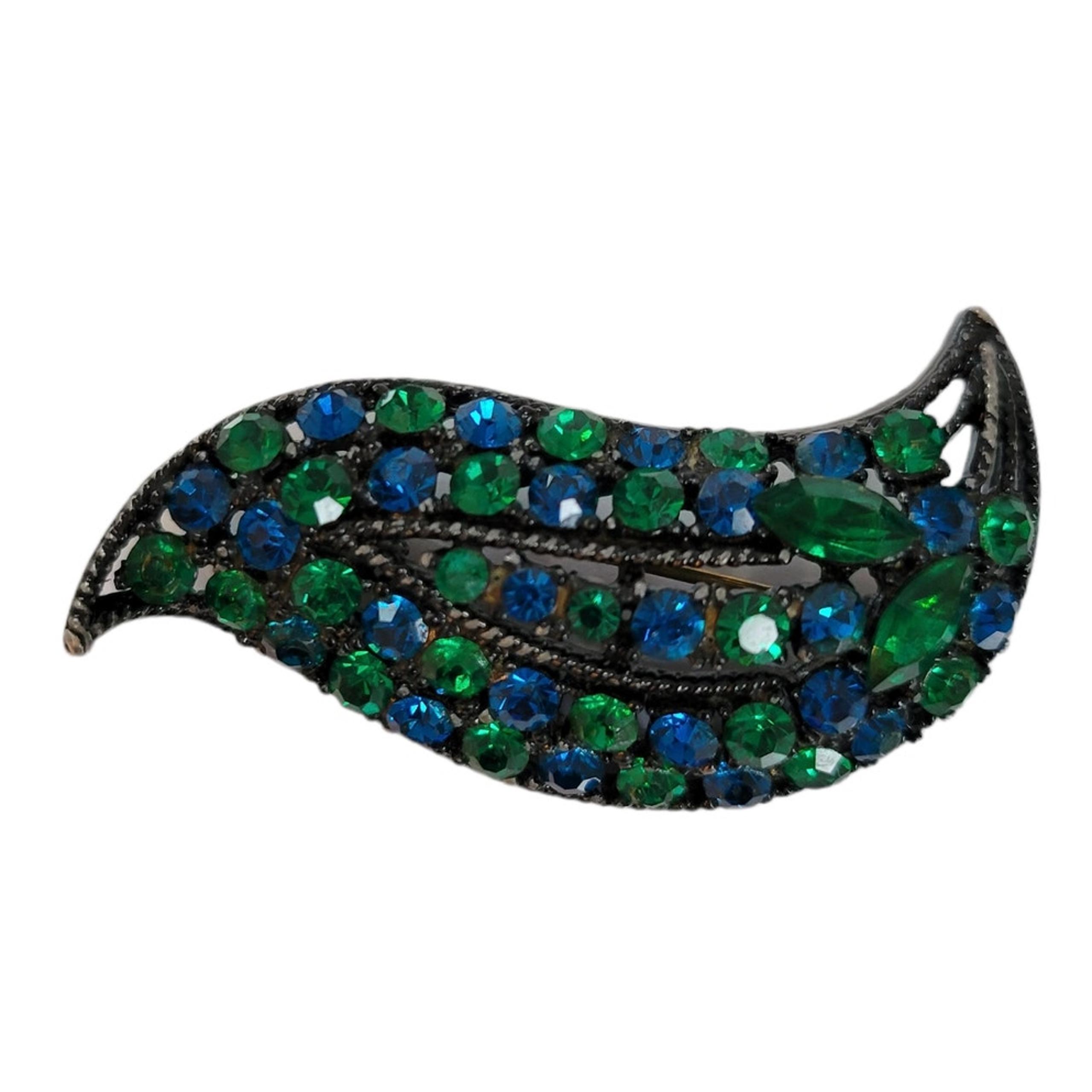 Vintage Samson Co Brooch Blue Green Prong Set Leaf Shape Rhinestone Signed